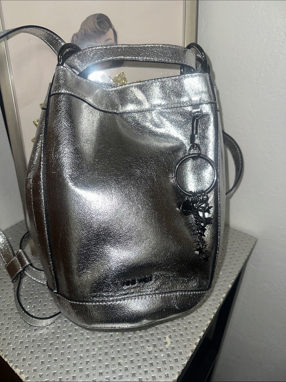 Nine West Metallic Silver Women's Bucket Bag Backpack with Keyring Charm EUC